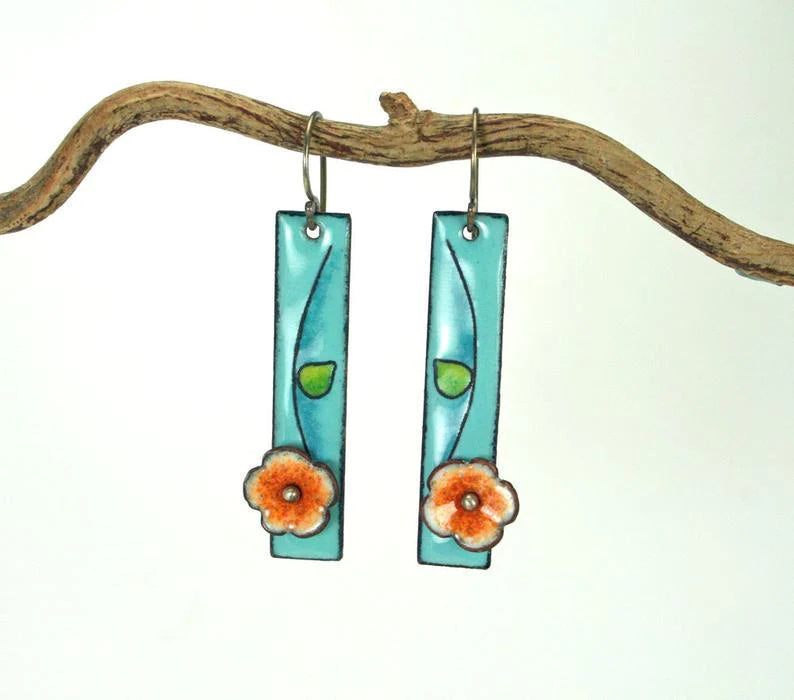 Turquoise enamel flower earrings with delicate leaves