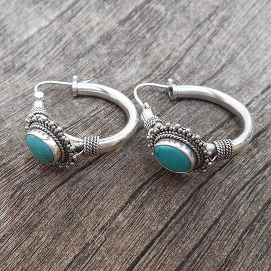 Vintage turquoise hoop earrings in an ethnic boho style