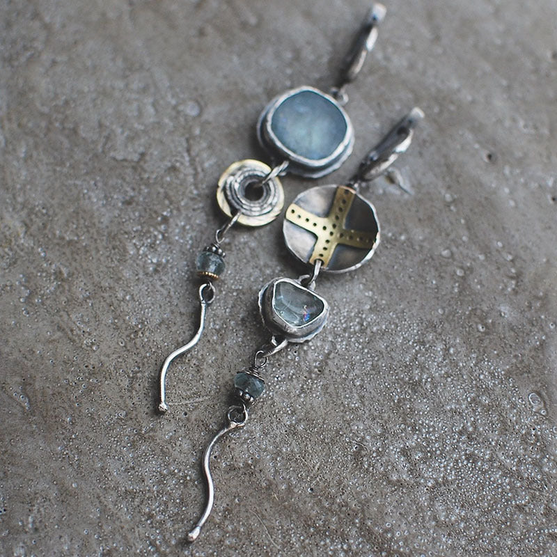 Asymmetrical Earrings with Blue Stones and Cross Elements