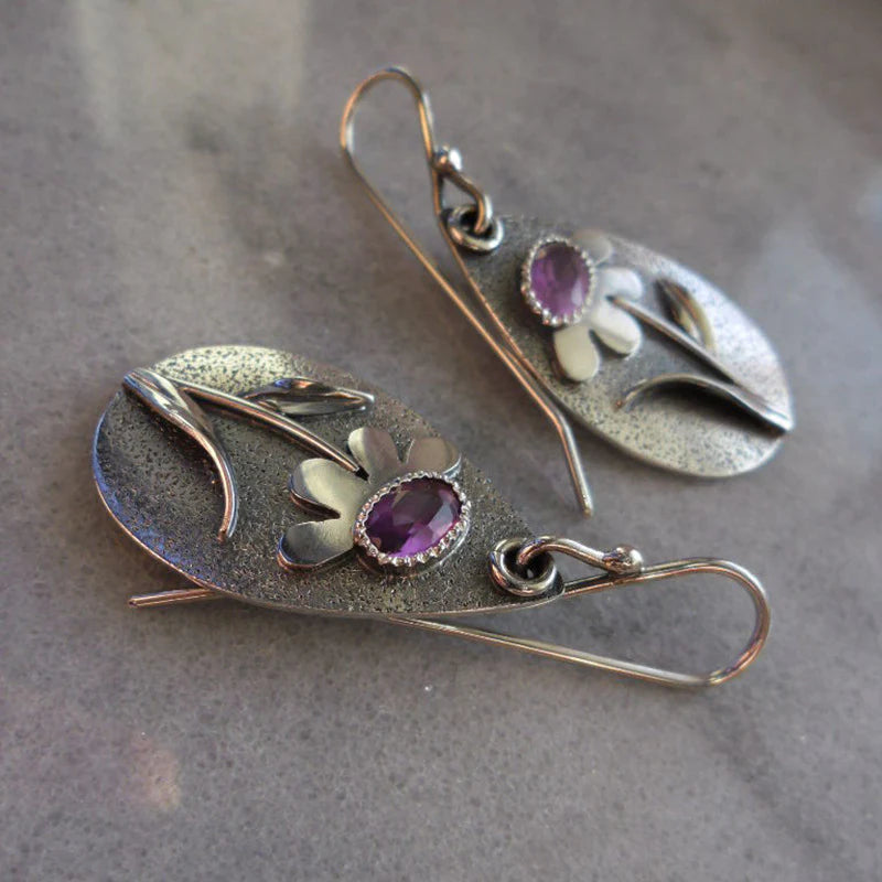 Antique Flower Earrings with Amethyst Stones and Leaf Design