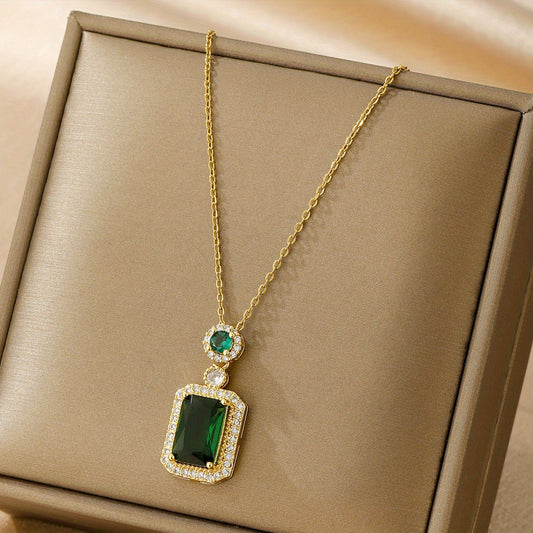 Elegant Emerald Necklace with Cubic Zirconia Details and Delicate Chain