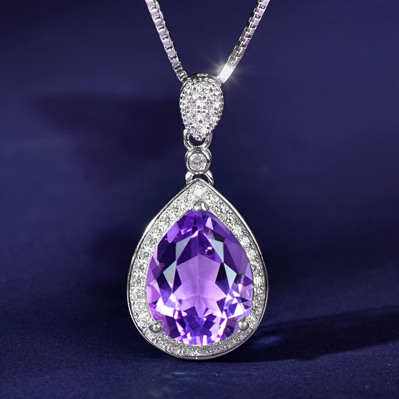 Purple Amethyst Teardrop Pendant Necklace with Cubic Zirconia