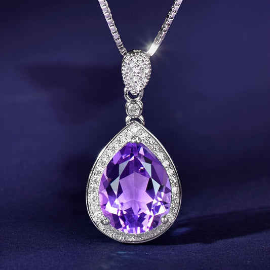 Purple Amethyst Teardrop Pendant Necklace with Cubic Zirconia