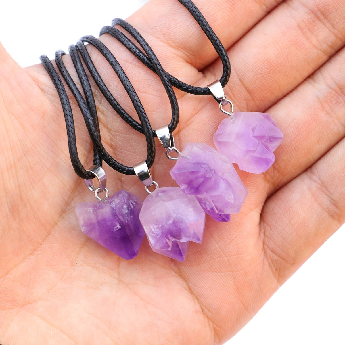Natural Amethyst Crystal Pendant Necklace with Adjustable Leather Cord