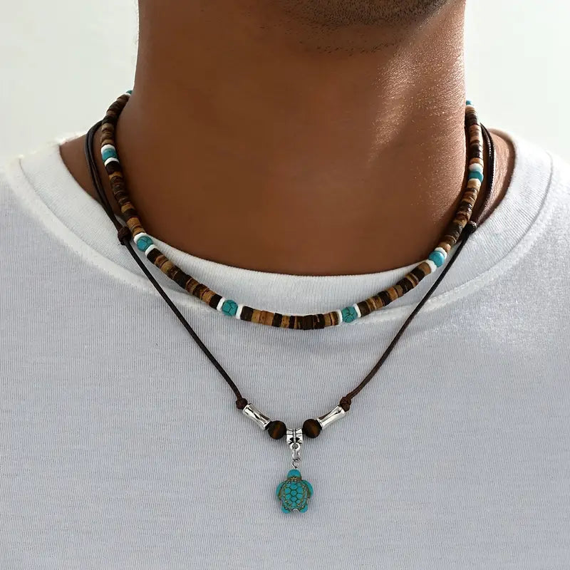 Men's Necklace with Coconut Beads, Turquoise, and Tiger's Eye Stone