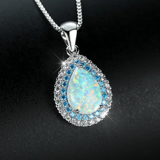 Sparkling Opal Teardrop Necklace with Blue and White Cubic Zirconia