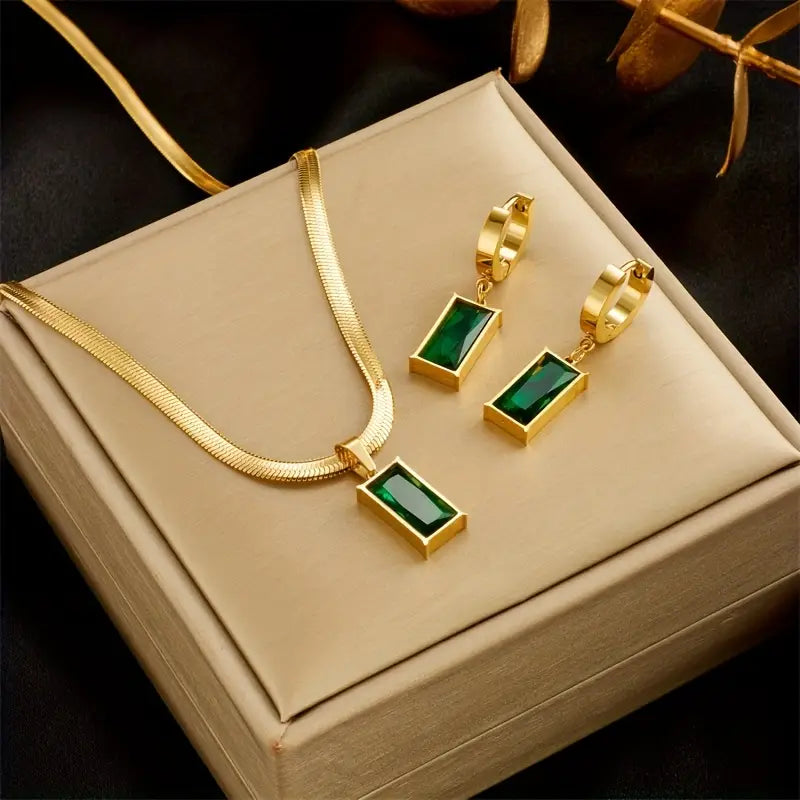 Elegant Emerald Green Jewelry Set: Rectangular Pendant and Matching Earrings