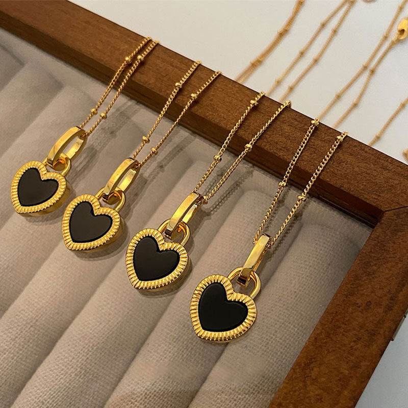 Black and White Heart Necklace with Fine Link Chain and Pearl Details