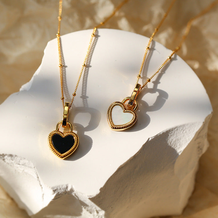 Black and White Heart Necklace with Fine Link Chain and Pearl Details