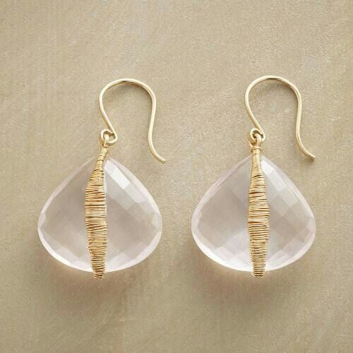 Handmade earrings made from faceted quartz crystal with wire detailing