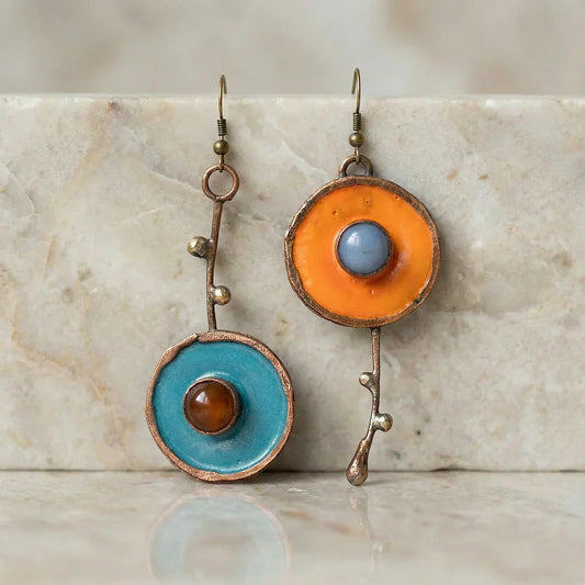 Asymmetrical Copper Earrings with Colorful Enamel and Natural Stones