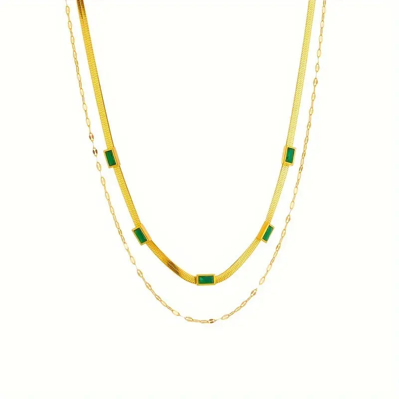 Retro Necklace with Emerald Green Rectangles in Double Row