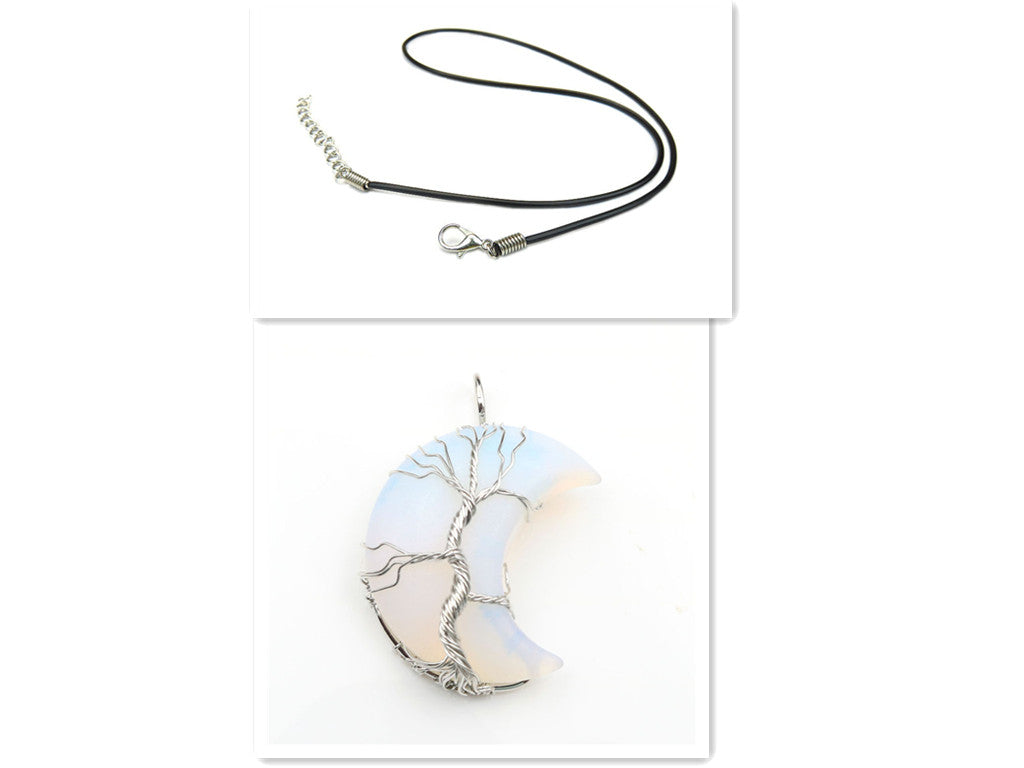 Moon-Shaped Tree of Life Healing Stone Pendant with Chain