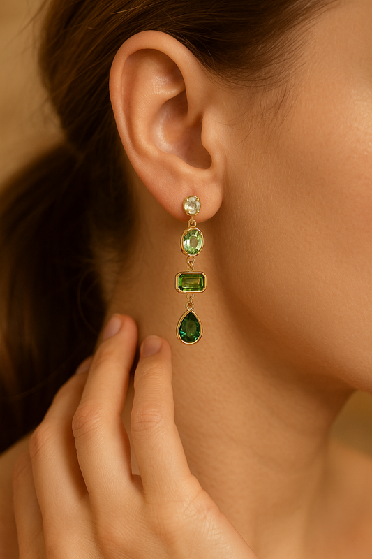 Elegant Dangle Earrings with Green Gemstones and Clear Details