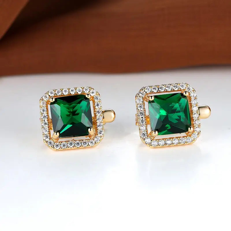 Glamorous earrings with square green cubic zirconia and a rhinestone crown