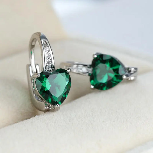 Brilliant Emerald Green Cubic Zirconia Heart Earrings with Pave Details