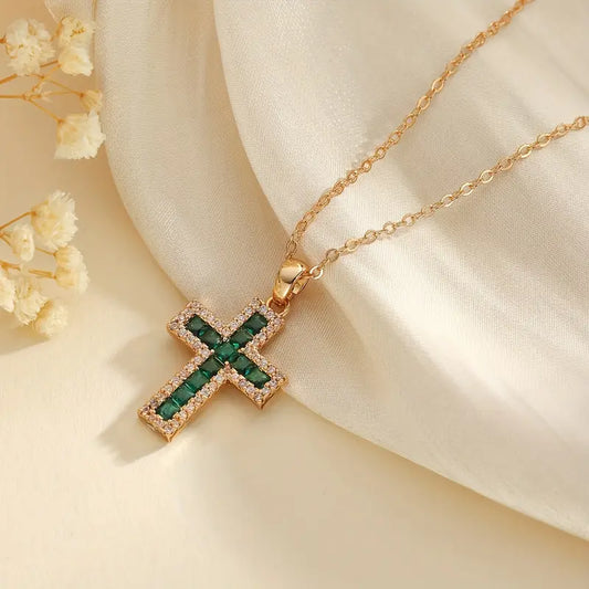 Filigree Cross Necklace with Green Cubic Zirconia and Rhinestone Trim