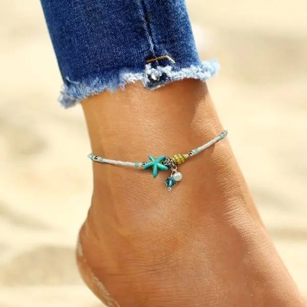 Boho-style turquoise starfish anklet with shells and beads