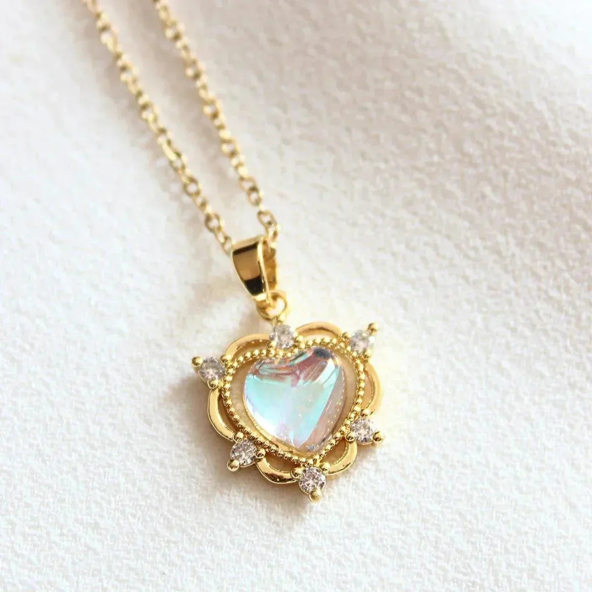 Rainbow Moonstone Heart Necklace with Cubic Zirconia Accents