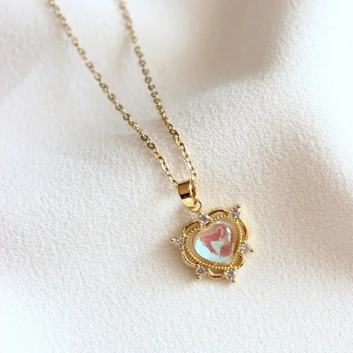 Rainbow Moonstone Heart Necklace with Cubic Zirconia Accents