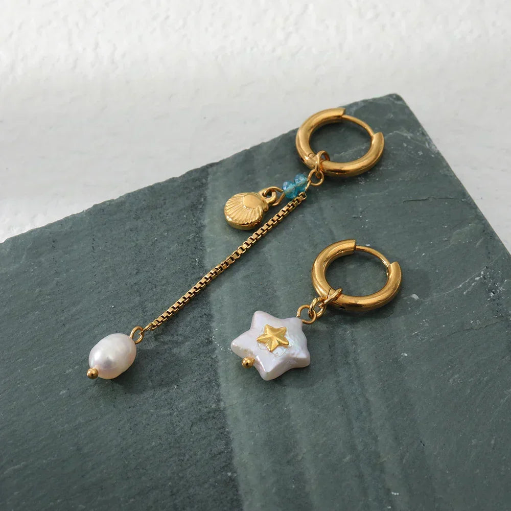 Seashell pearl earrings with shell and starfish pendants