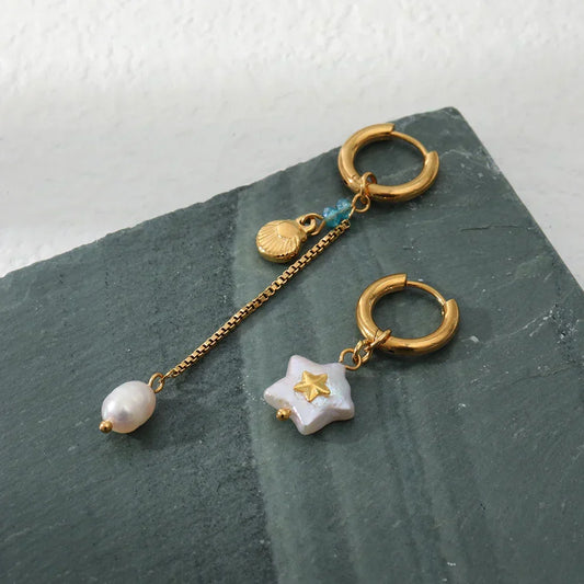 Seashell pearl earrings with shell and starfish pendants