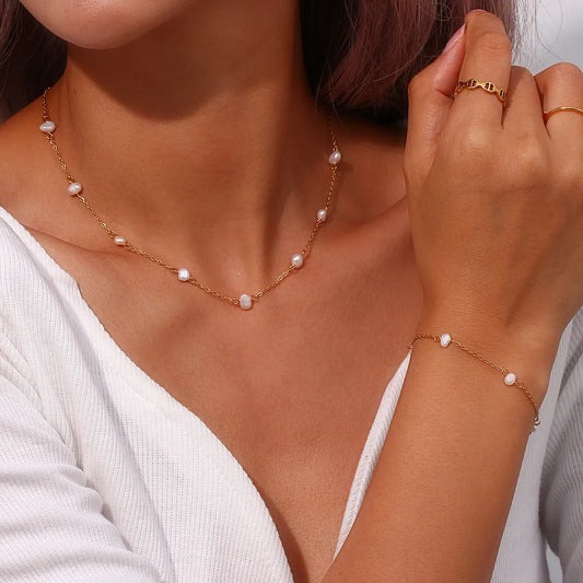 Elegant Stainless Steel Pearl Necklace and Bracelet Set