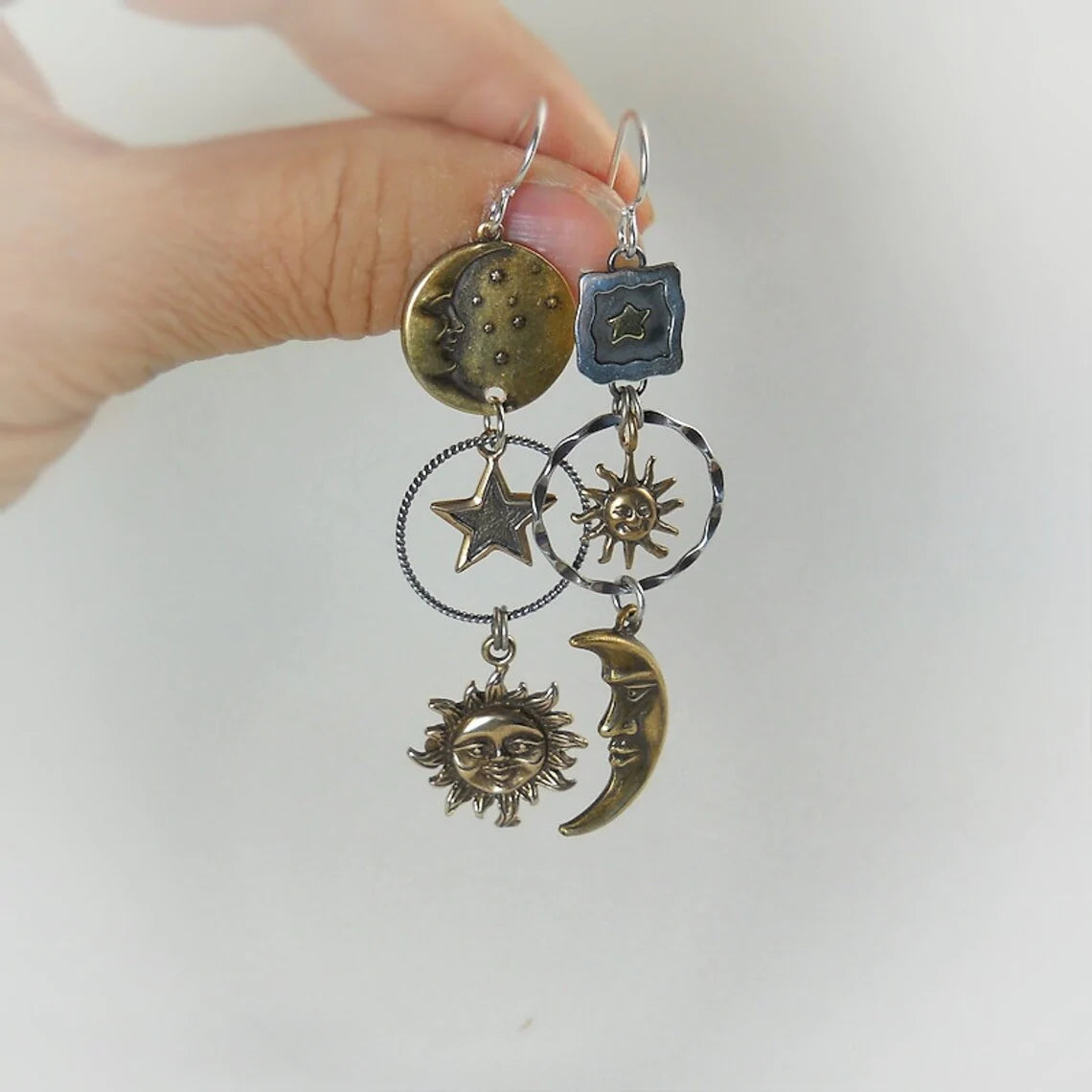 Antique Bronze Sun Moon Star Dangle Earrings