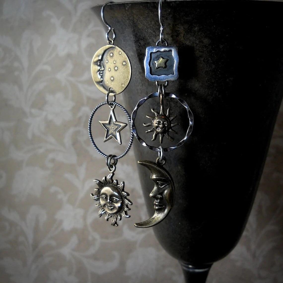Antique Bronze Sun Moon Star Dangle Earrings
