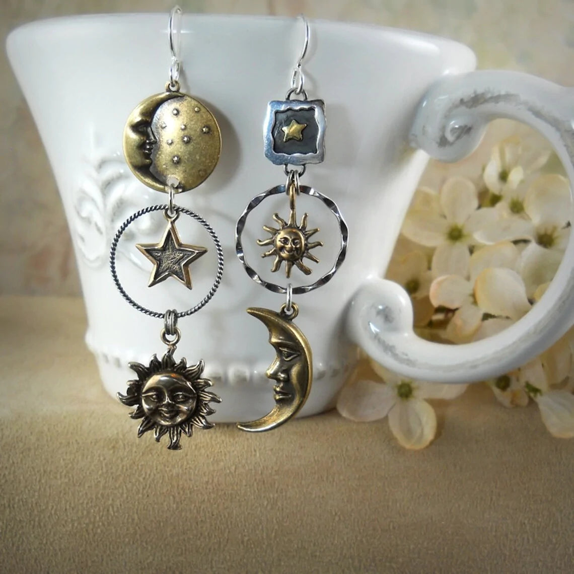 Antique Bronze Sun Moon Star Dangle Earrings