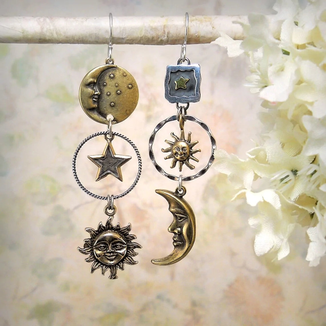 Antique Bronze Sun Moon Star Dangle Earrings