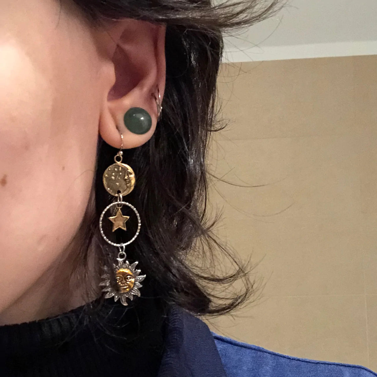 Antique Bronze Sun Moon Star Dangle Earrings