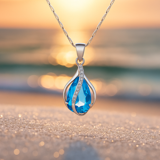 Blue Cubic Zirconia Teardrop Necklace for Beach Elegance