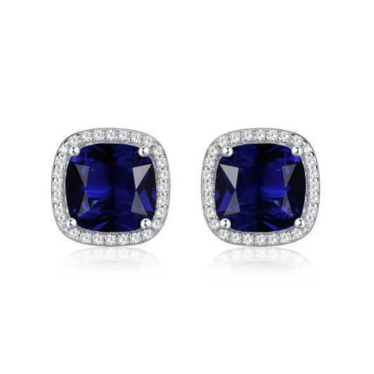 Elegant Sapphire Earrings with Cushion-Cut Cubic Zirconia Halo