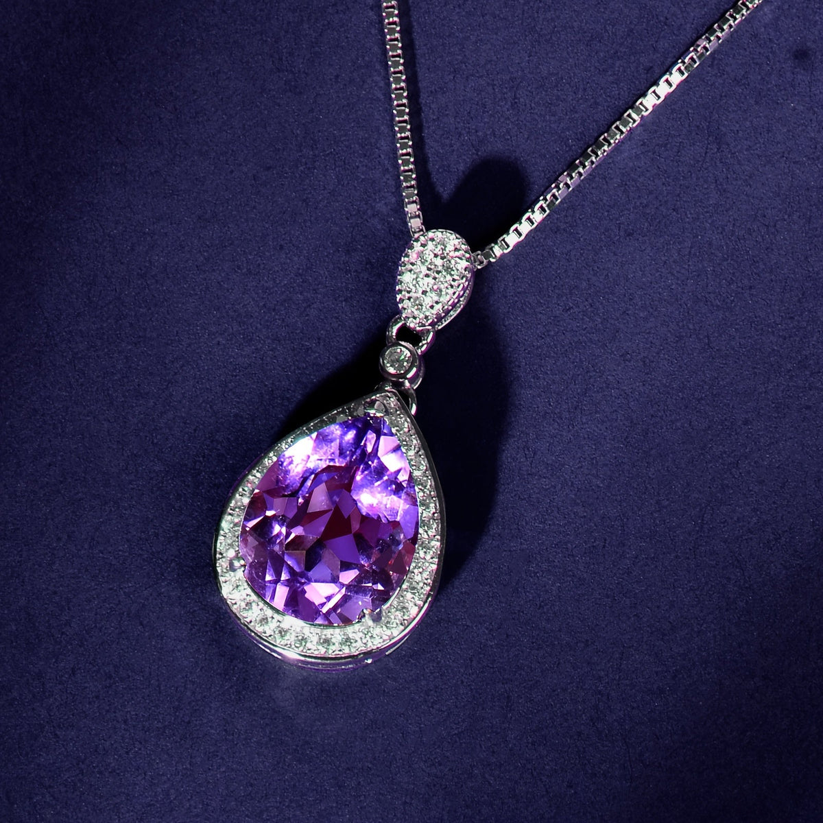 Purple Amethyst Teardrop Pendant Necklace with Cubic Zirconia