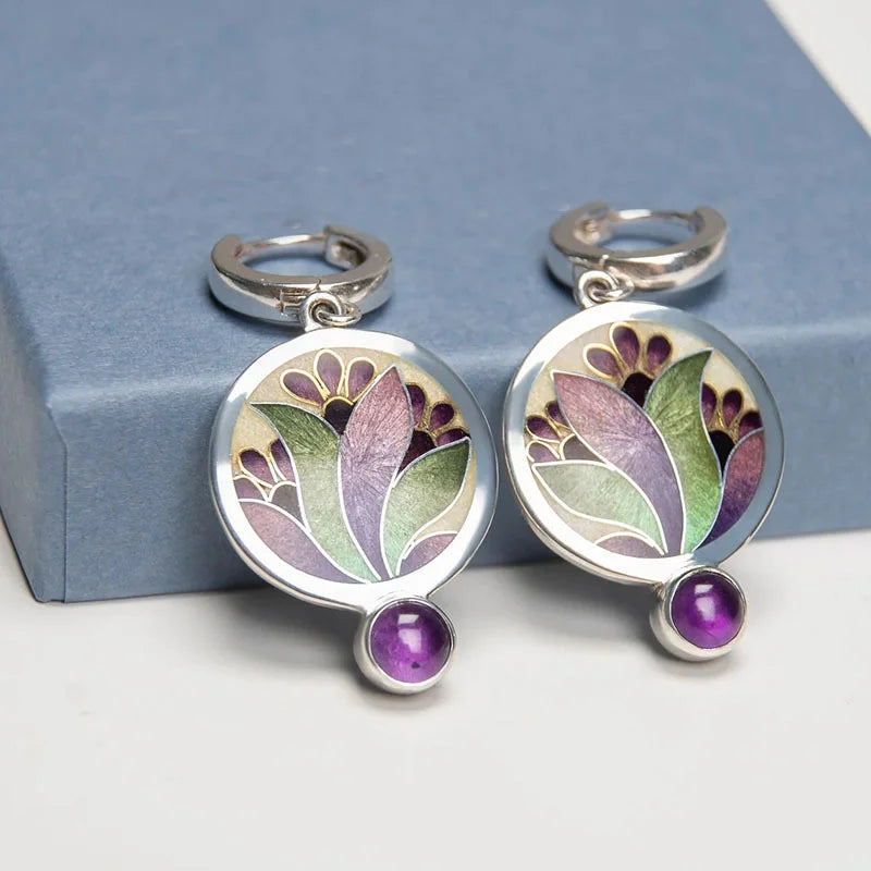 Boho Purple Enamel Crystal Earrings with Amethyst Gemstones