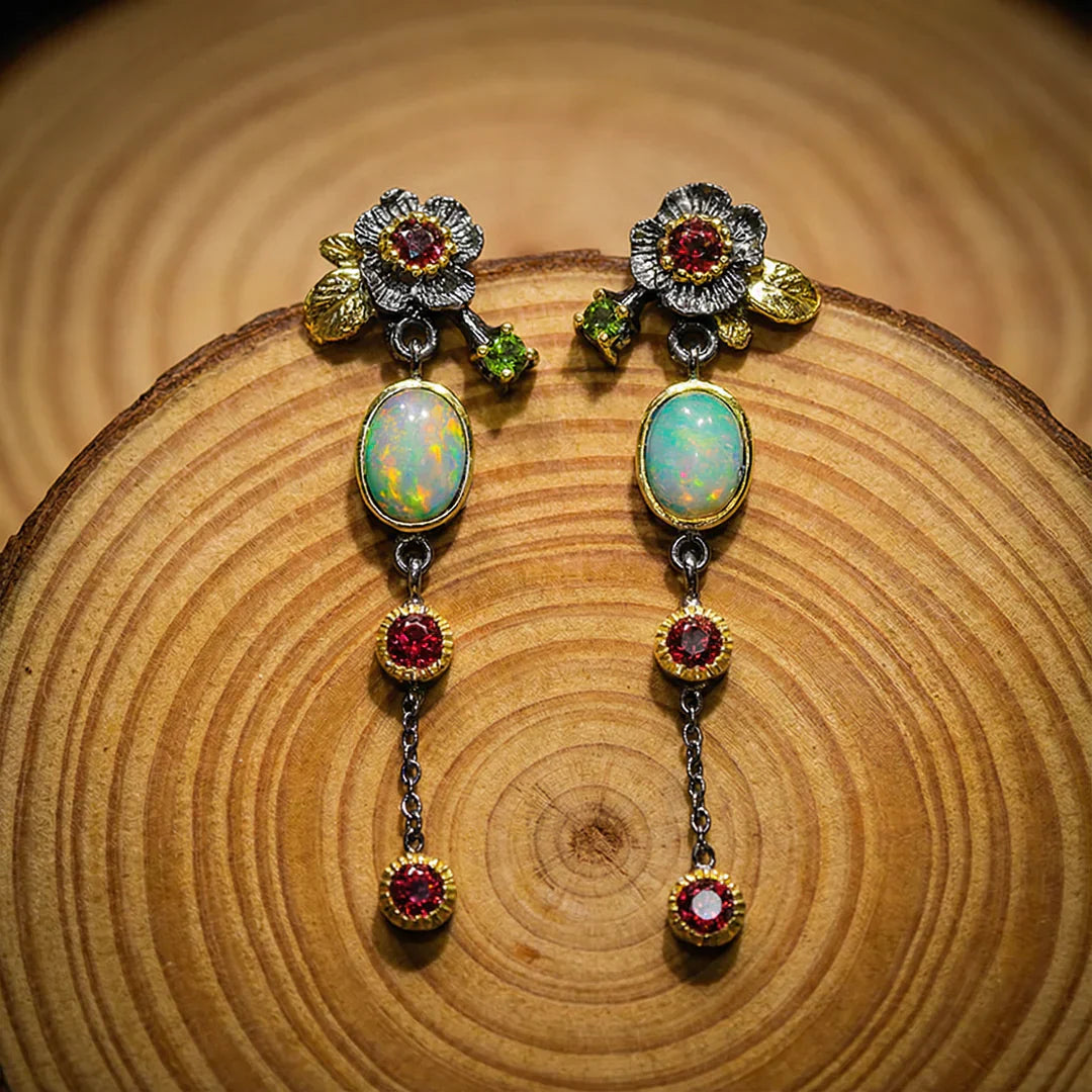 Boho-Chic Earrings with Brilliant Opal and Red Cubic Zirconia