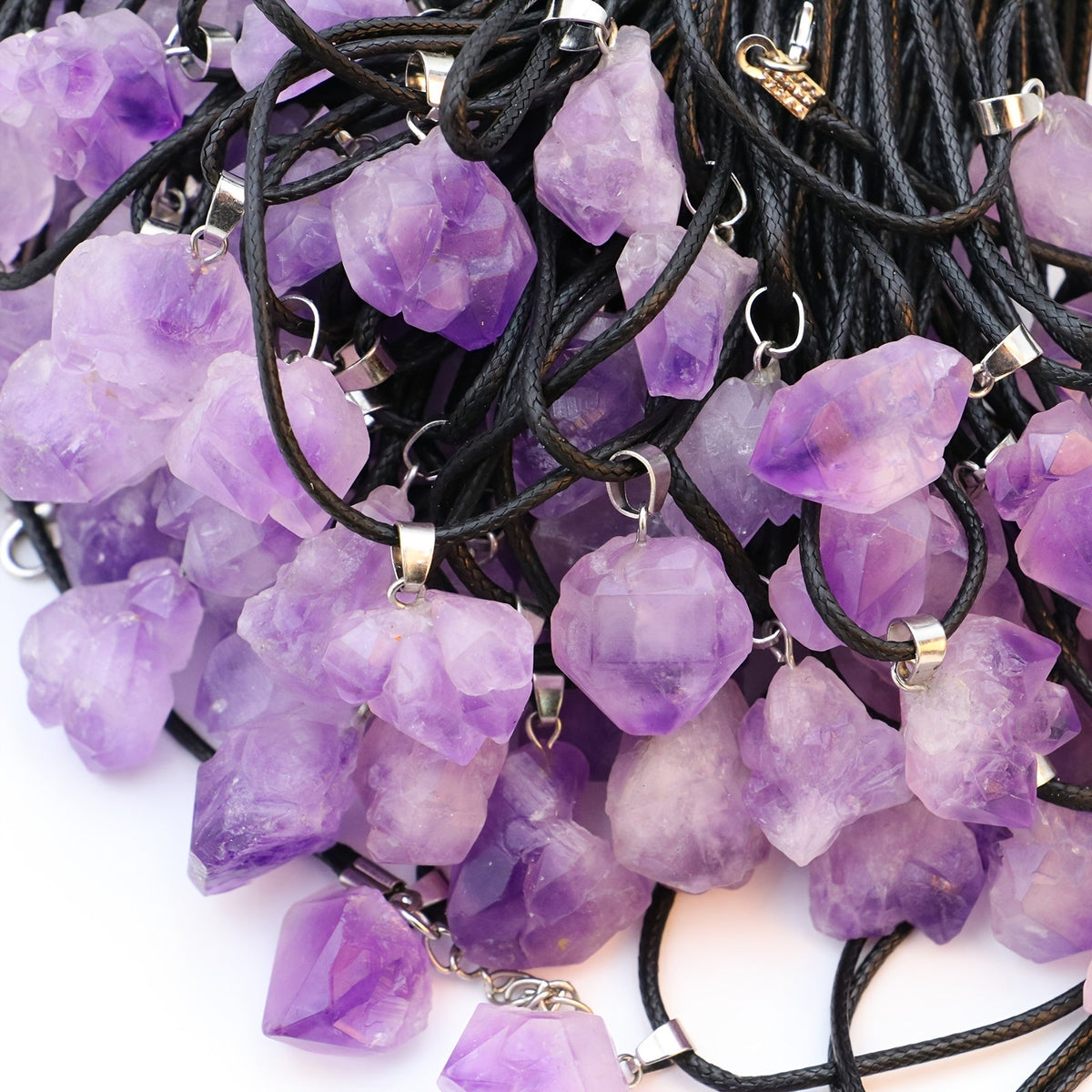 Natural Amethyst Crystal Pendant Necklace with Adjustable Leather Cord