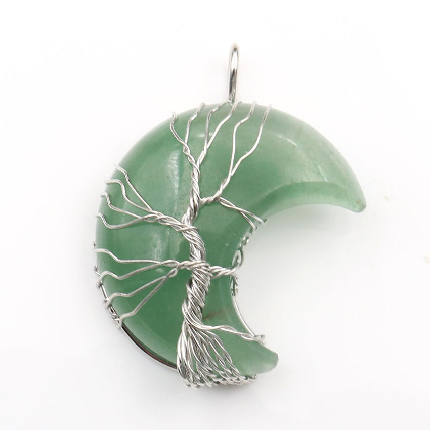 Moon-Shaped Tree of Life Healing Stone Pendant with Chain