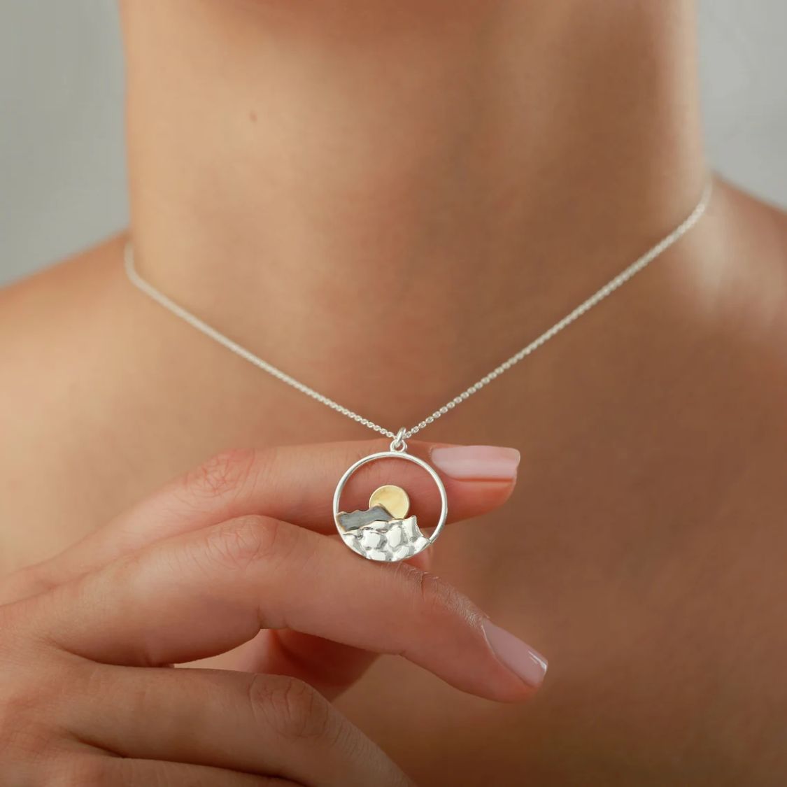 Mountain Landscape Necklace with Sun and Hammered Details