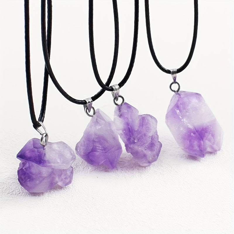 Raw Natural Amethyst Crystal Pendant Necklace with Leather Cord