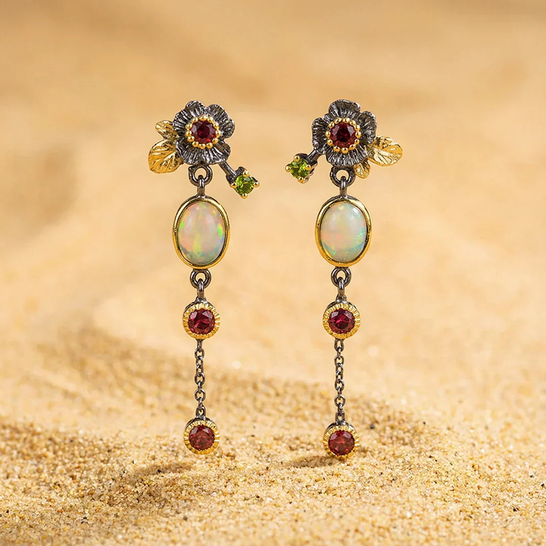 Boho-Chic Earrings with Brilliant Opal and Red Cubic Zirconia