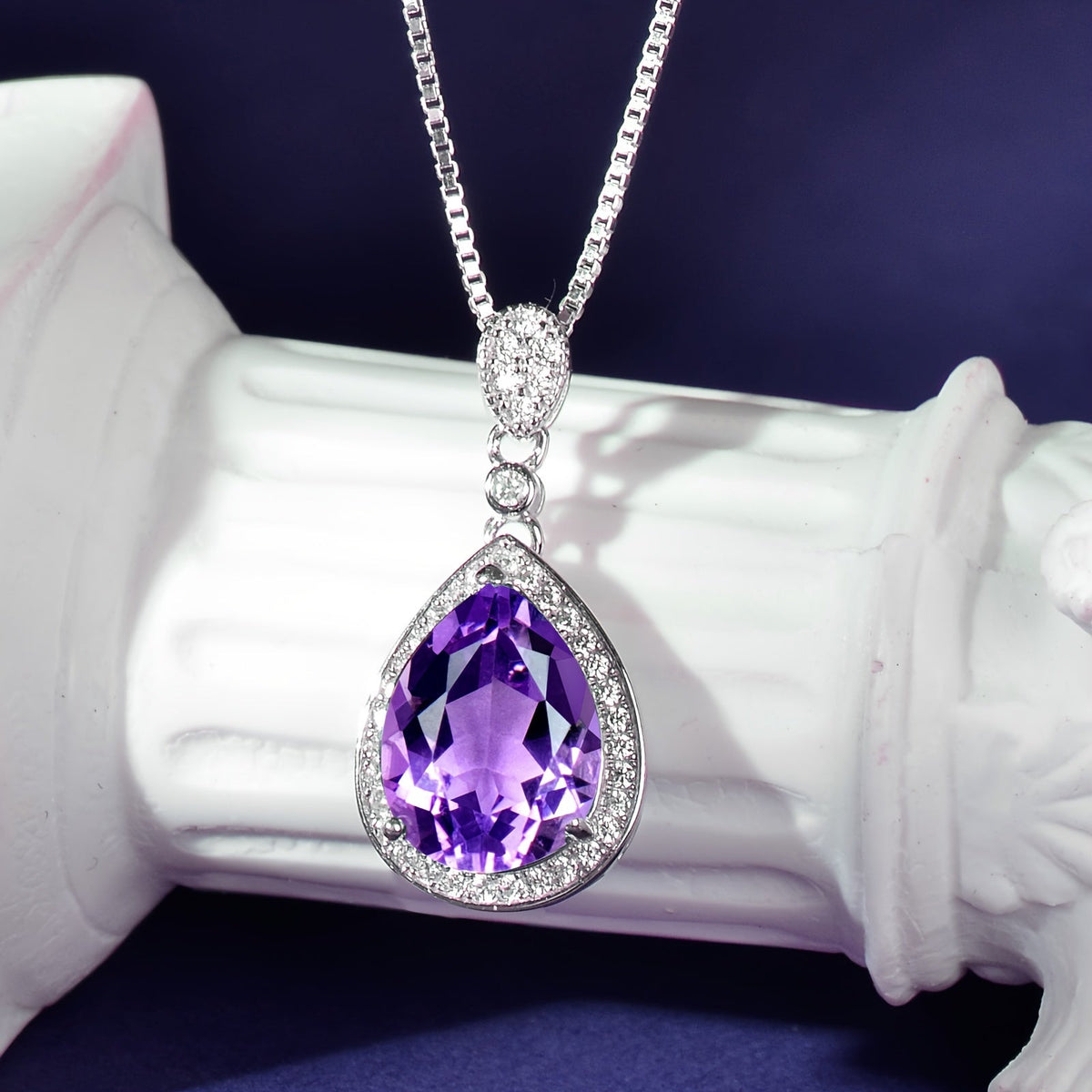 Purple Amethyst Teardrop Pendant Necklace with Cubic Zirconia