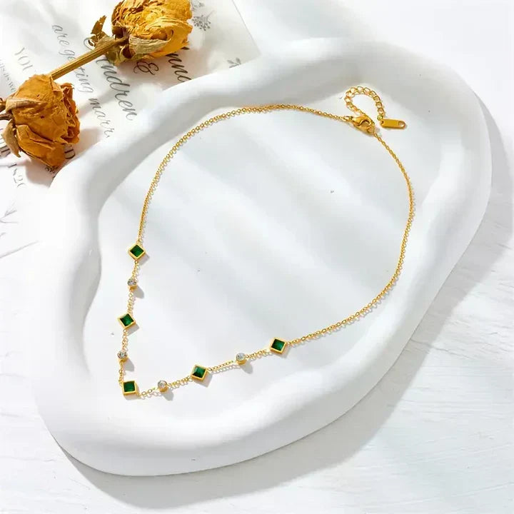 Elegant Necklace with Square Emerald Green Pendant and Cubic Zirconia
