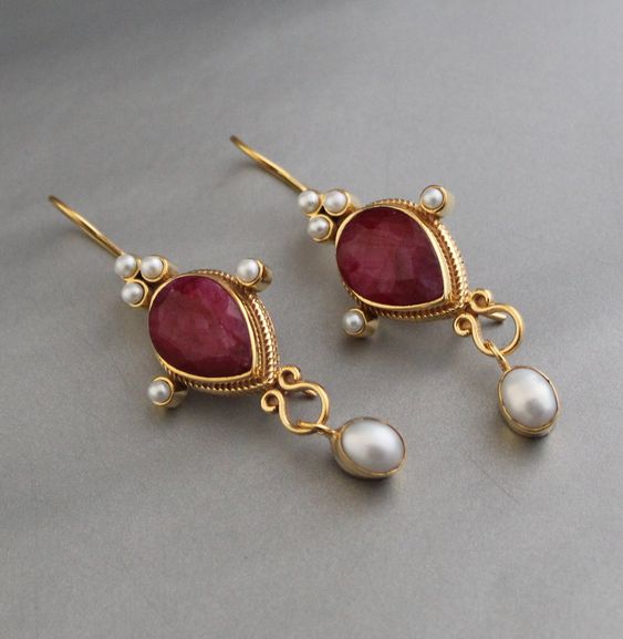 Vintage Gemstone Dangle Earrings with Pearl Details