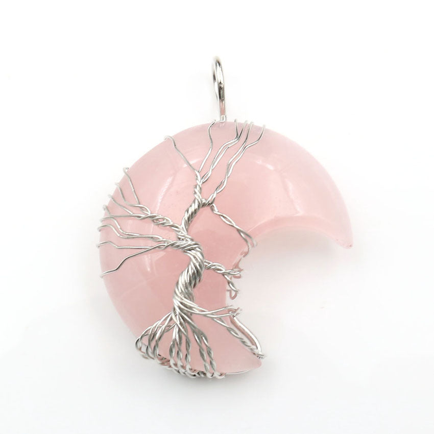 Moon-Shaped Tree of Life Healing Stone Pendant with Chain