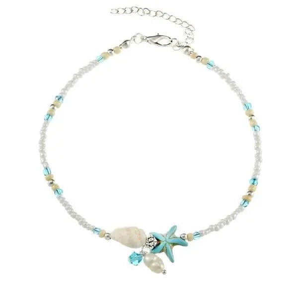 Boho-style turquoise starfish anklet with shells and beads