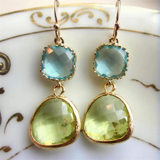 Delicate Turquoise Blue Quartz Earrings with Teardrops and Squares