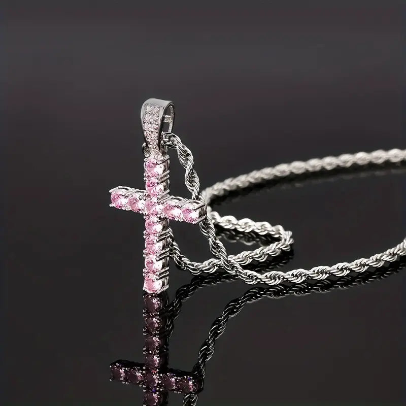 Sparkling Cubic Zirconia Cross Necklace on Cord Chain