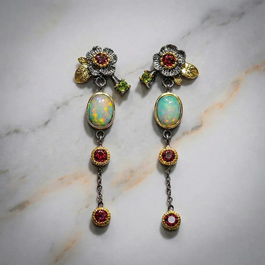 Boho-Chic Earrings with Brilliant Opal and Red Cubic Zirconia